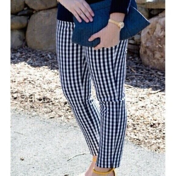 J. Crew Martie Pants Womens Sz 0 White Blue Gingham Checkered Print Tapered Leg - Picture 1 of 16